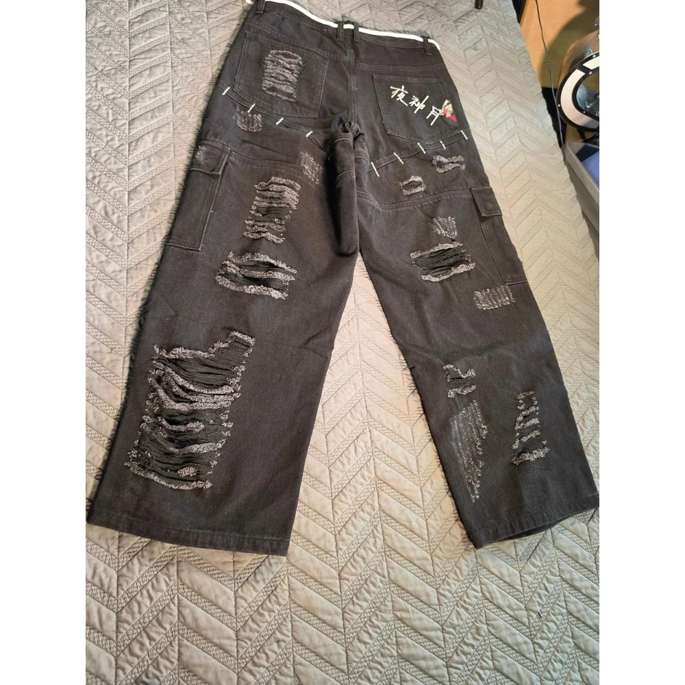 Sora Cruel Fate Distressed Cargo Pants Black Denim Heart Embroidery Mens Large